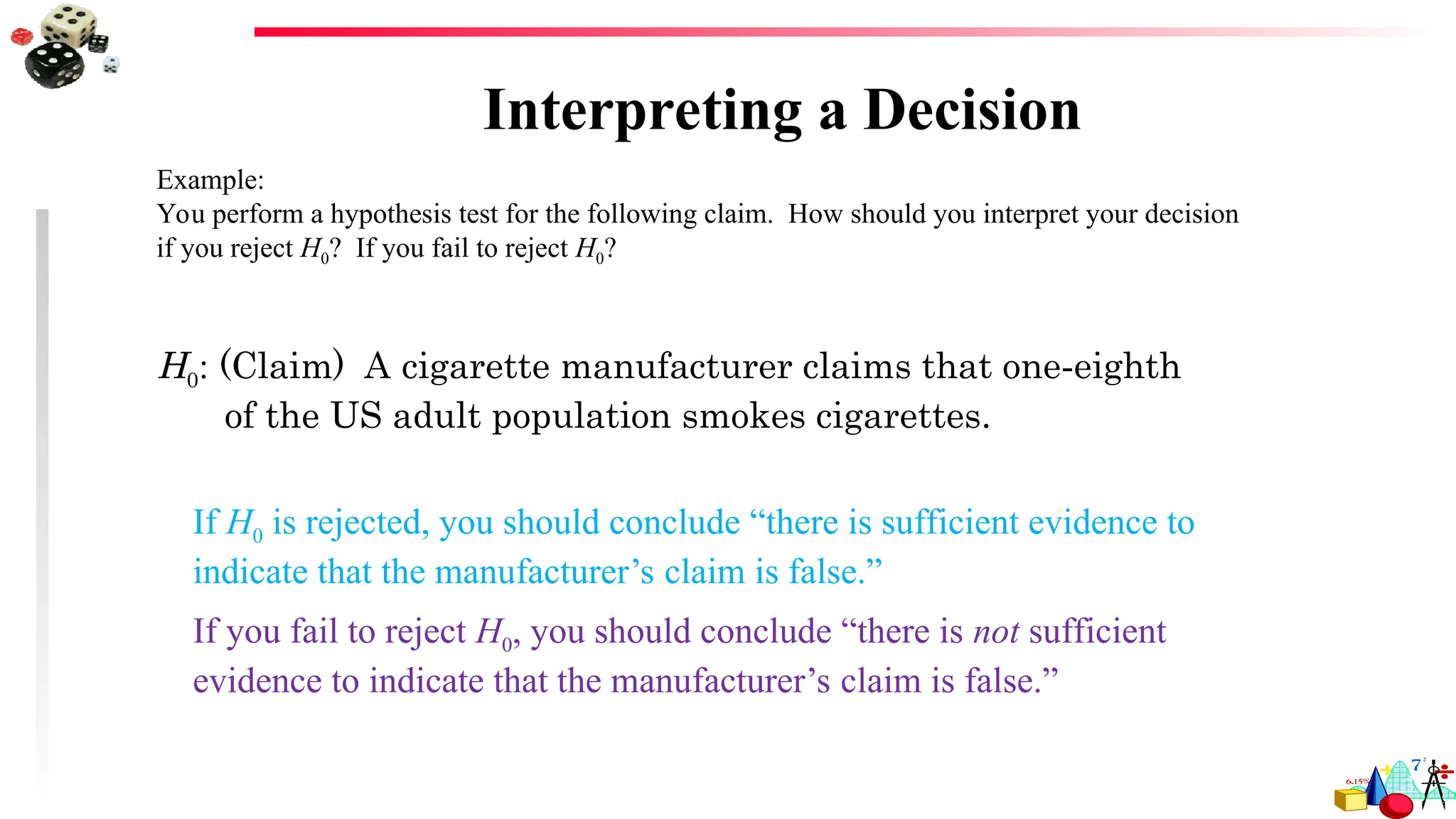 Interpreting a Decision
Example:
You perform a hypothesis test for the following claim. How should you interpret your decision
if you reject H0? If you fail to reject H0?
H0: (Claim) A cigarette manufacturer claims that one-eighth
of the US adult population smokes cigarettes.
If H0 is rejected, you should conclude “there is sufficient evidence to
indicate that the manufacturer’s claim is false.”
If you fail to reject H0, you should conclude “there is not sufficient
evidence to indicate that the manufacturer’s claim is false.”
 