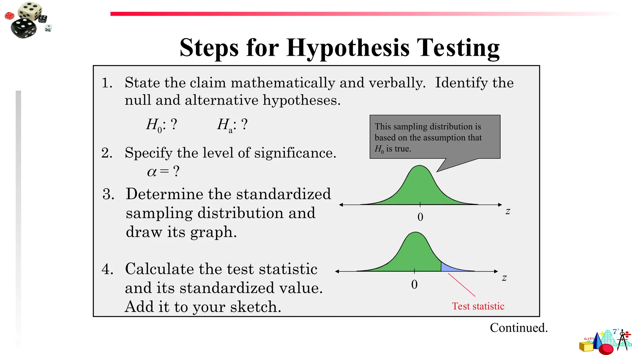 Steps for Hypothesis Testing
1. State the claim mathematically and verbally. Identify the
null and alternative hypotheses.
2. Specify the level of significance.
3. Determine the standardized
sampling distribution and
draw its graph.
H0: ? Ha: ?
 = ?
4. Calculate the test statistic
and its standardized value.
Add it to your sketch. Test statistic
This sampling distribution is
based on the assumption that
H0 is true.
z
0
Continued.
z
0
 