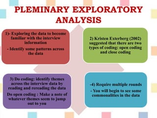 PLEMINARY EXPLORATORY
ANALYSIS
1)- Exploring the data to become
familiar with the interview
information
- Identify some patterns across
the data
2) Kristen Exterberg (2002)
suggested that there are two
types of coding: open coding
and close coding
3) Do coding: identify themes
across the interview data by
reading and rereading the data
Do open coding : Make a note of
whatever themes seem to jump
out to you
-4) Require multiple rounds
- You will begin to see some
commonalities in the data
 