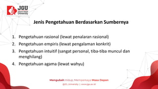 Jenis Pengetahuan Berdasarkan Sumbernya
1. Pengetahuan rasional (lewat penalaran rasional)
2. Pengetahuan empiris (lewat pengalaman konkrit)
3. Pengetahuan intuitif (sangat personal, tiba-tiba muncul dan
menghilang)
4. Pengetahuan agama (lewat wahyu)
 