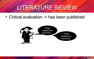LITERATURE REVIEW
• Critical evaluation -> has been published
These
researchers
found this …
These
researchers
found that..
 