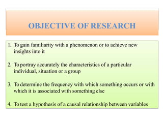OBJECTIVE OF RESEARCH
1. To gain familiarity with a phenomenon or to achieve new
insights into it
2. To portray accurately the characteristics of a particular
individual, situation or a group
3. To determine the frequency with which something occurs or with
which it is associated with something else
4. To test a hypothesis of a causal relationship between variables
 