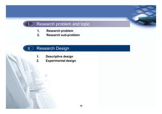 10
Research problem and topicResearch problem and topicI
Research DesignResearch DesignIIII
1. Descriptive design
2. Experimental design
1. Research problem
2. Research sub-problem
 