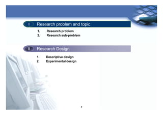 3
Research problem and topicResearch problem and topicII
Research DesignResearch DesignII
1. Descriptive design
2. Experimental design
1. Research problem
2. Research sub-problem
 