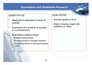 39
Quantitative and Qualitative Research
QUANTITATIVE
• Measured & expressed in terms of
quantity
• Expression of a property or quantity
in numerical terms
• Quantitative research helps:
− Precise measurement
− Knowing trends or changes overtime
− Comparing trends or individual libraries
/ units
QUALITATIVE
• Involves quality or kind
• Helps in having insight into
problems or cases
 