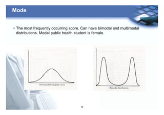 12
Mode
• The most frequently occurring score. Can have bimodal and multimodal
distributions. Modal public health student is female.
 