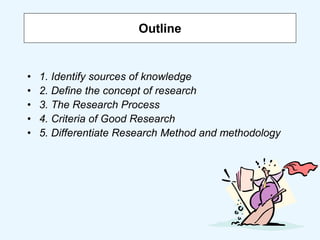 Outline
• 1. Identify sources of knowledge
• 2. Define the concept of research
• 3. The Research Process
• 4. Criteria of Good Research
• 5. Differentiate Research Method and methodology
 