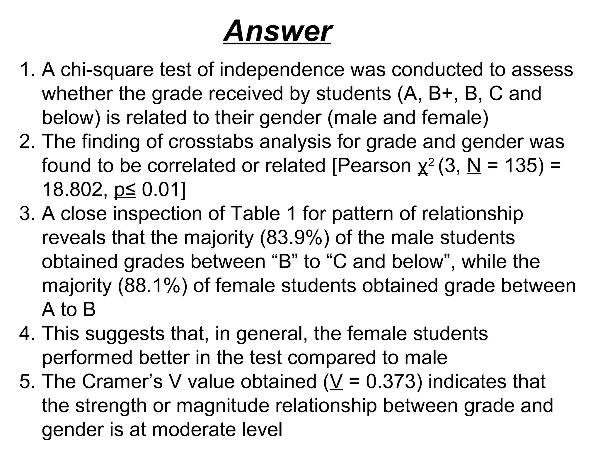 Answer
1. A chi-square test of independence was conducted to assess
   whether the grade received by students (A, B+, B, C and
   below) is related to their gender (male and female)
2. The finding of crosstabs analysis for grade and gender was
   found to be correlated or related [Pearson χ2 (3, N = 135) =
   18.802, p≤ 0.01]
3. A close inspection of Table 1 for pattern of relationship
   reveals that the majority (83.9%) of the male students
   obtained grades between “B” to “C and below”, while the
   majority (88.1%) of female students obtained grade between
   A to B
4. This suggests that, in general, the female students
   performed better in the test compared to male
5. The Cramer’s V value obtained (V = 0.373) indicates that
   the strength or magnitude relationship between grade and
   gender is at moderate level
 