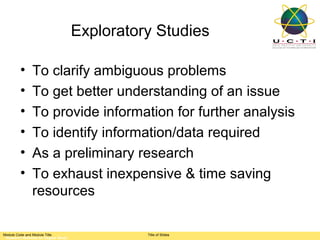 Exploratory Studies

         •     To clarify ambiguous problems
         •     To get better understanding of an issue
         •     To provide information for further analysis
         •     To identify information/data required
         •     As a preliminary research
         •     To exhaust inexpensive & time saving
               resources

Module Code and Module Title                   Title of Slides
 Research Methods for Degree Study
 