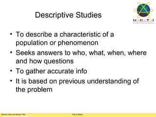 Descriptive Studies

         • To describe a characteristic of a
           population or phenomenon
         • Seeks answers to who, what, when, where
           and how questions
         • To gather accurate info
         • It is based on previous understanding of
           the problem


Module Code and Module Title                   Title of Slides
 Research Methods for Degree Study
 