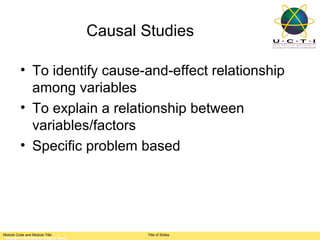 Causal Studies

         • To identify cause-and-effect relationship
           among variables
         • To explain a relationship between
           variables/factors
         • Specific problem based




Module Code and Module Title                Title of Slides
 Research Methods for Degree Study
 