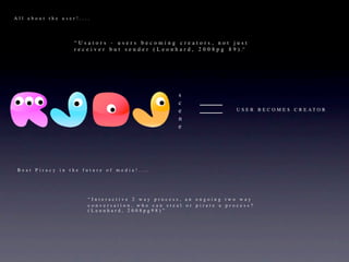 All about the user!....




                  “Usators - users becoming creators, not just
                  r e c e i v e r b u t s e n d e r ( L e o n h a r d , 2 0 0 8 p g 8 9 ) .”




                                                              s
                                                              c
                                                              e                        U S E R B E C O M E S C R E AT O R
                                                              n
                                                              e




 Beat Piracy in the future of media!....




                       “Interactive 2 way process, an ongoing two way
                       conversation, who can steal or pirate a process?
                       (Leonhard, 2008pg98)”
 