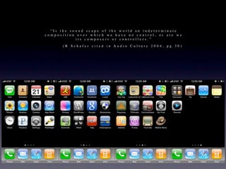 “Is the sound scape of the world an indeterminate
composition over which we have no control, or are we
            its composers or controllers.”
      (R Schafer cited in Audio Culture 2004, pg 30)
 