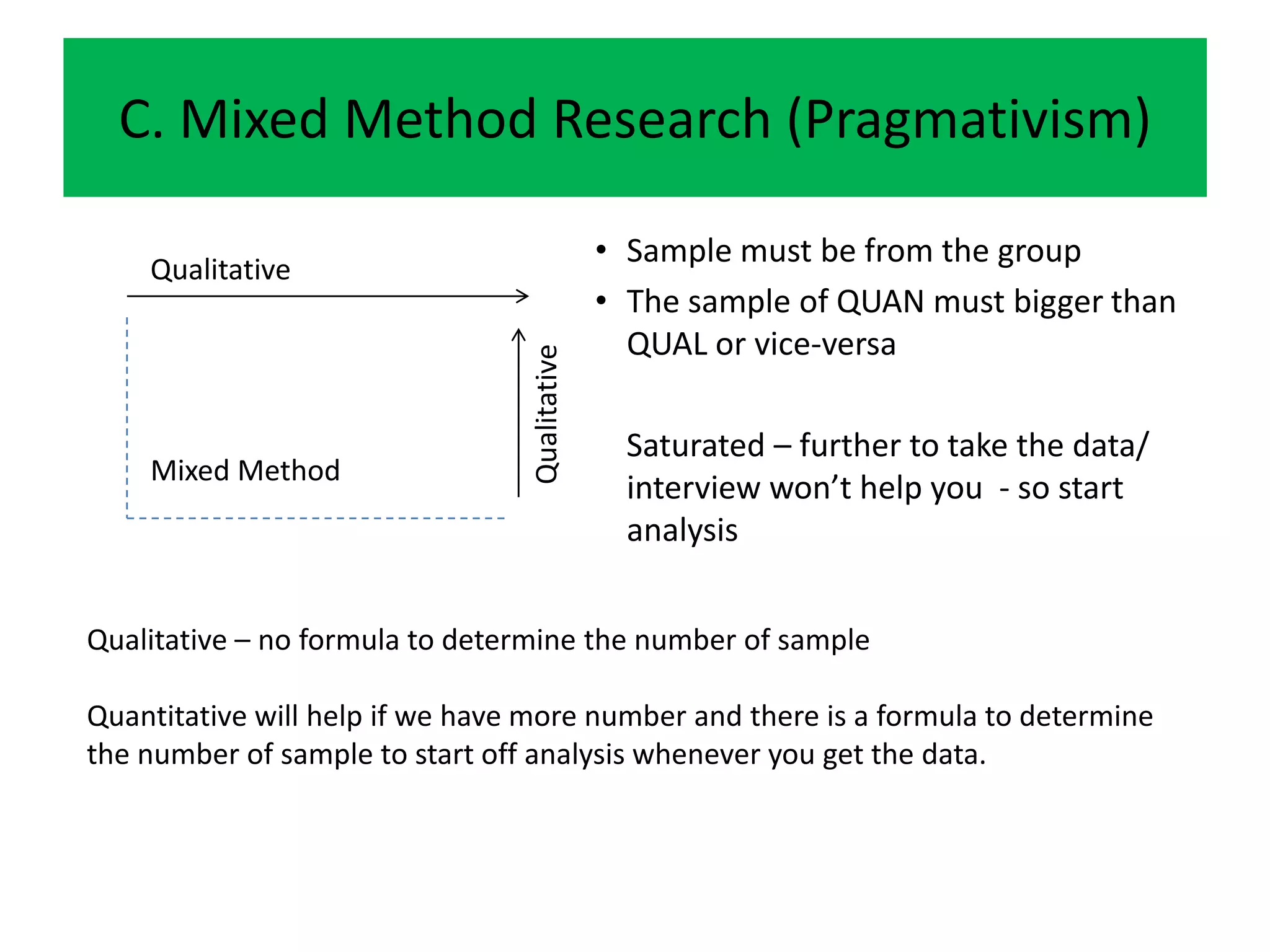 C. Mixed Method Research (Pragmativism)

                                               • Sample must be from the group
    Qualitative
                                               • The sample of QUAN must bigger than
                                                 QUAL or vice-versa




                                 Qualitative
                                                 Saturated – further to take the data/
    Mixed Method
                                                 interview won’t help you - so start
                                                 analysis


Qualitative – no formula to determine the number of sample

Quantitative will help if we have more number and there is a formula to determine
the number of sample to start off analysis whenever you get the data.
 