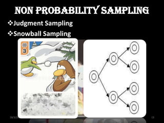 Non probability sampling
Judgment Sampling
Snowball Sampling




18/3/2011                     13
 