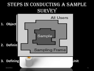 Steps in Conducting a Sample
                Survey

1. Objectives of the survey




2. Defining the Population to be sampled



3. Defining the Sampling Frame and Sampling Unit
   18/3/2011                                       6
 