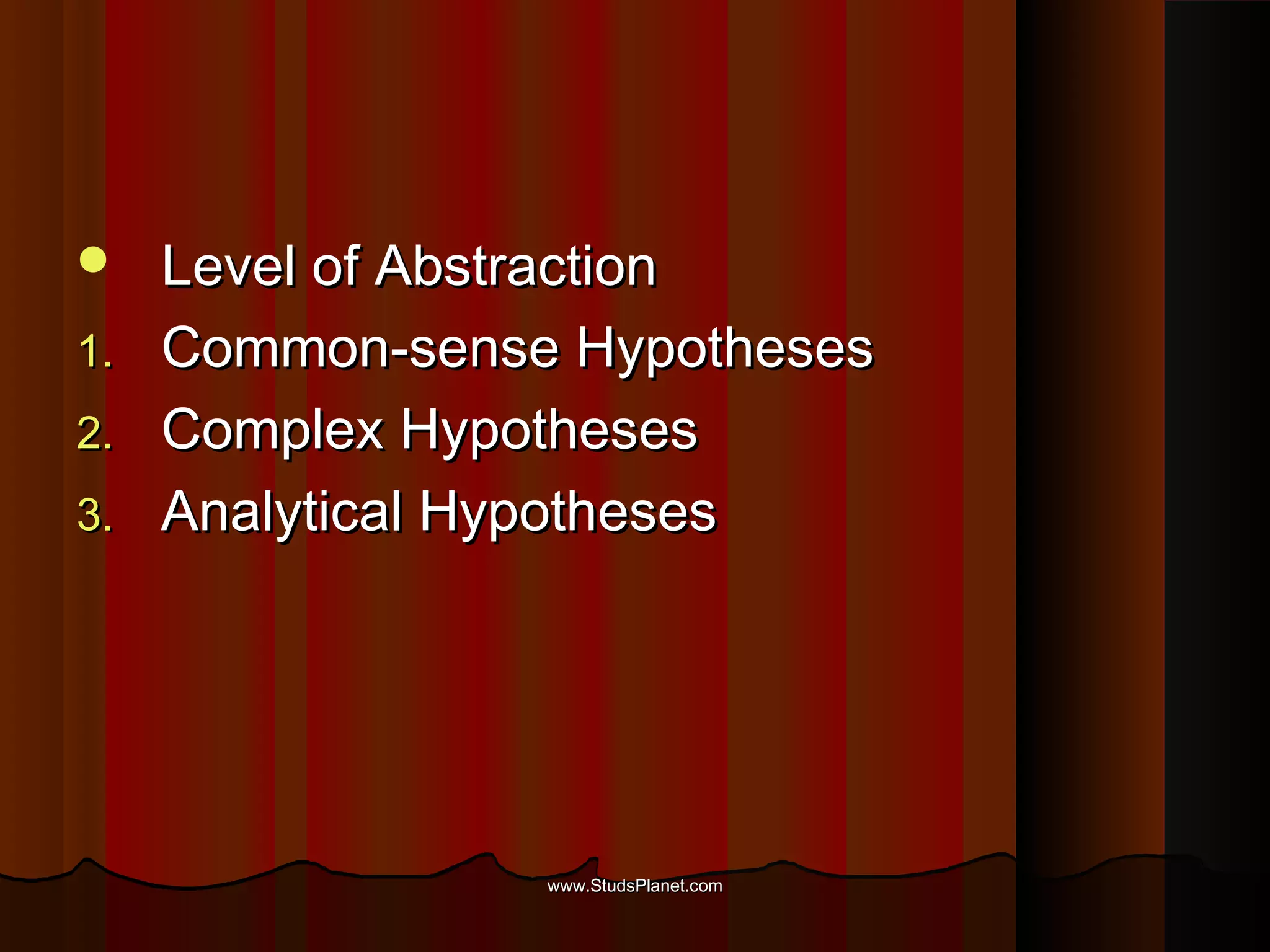  Level of AbstractionLevel of Abstraction
1.1. Common-sense HypothesesCommon-sense Hypotheses
2.2. Complex HypothesesComplex Hypotheses
3.3. Analytical HypothesesAnalytical Hypotheses
www.StudsPlanet.comwww.StudsPlanet.com
 