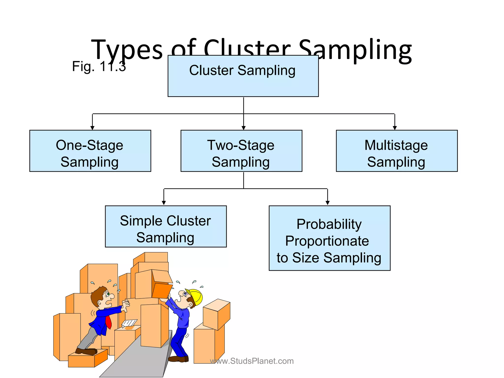 Types of Cluster SamplingFig. 11.3 Cluster Sampling
One-Stage
Sampling
Multistage
Sampling
Two-Stage
Sampling
Simple Cluster
Sampling
Probability
Proportionate
to Size Sampling
www.StudsPlanet.com
 