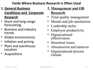 Fields Where Business Research is Often Used
1. General Business
Conditions and Corporate
Research
• Short and long-range
forecasting,
• Business and industry
trends
• Global environments
• Inflation and pricing
• Plant and warehouse
Location
• Acquisitions
2. Management and OB
Research
• Total quality management
• Morale and job satisfaction
• Leadership styles
• Employee productivity
• Organizational
effectiveness
• Structural issues
• Absenteeism and turnover
• Organizational process
climate
February 21, 2016 12rijalcpr@gmail.com
 