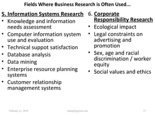 Fields Where Business Research is Often Used...
6. Corporate
Responsibility Research
• Ecological impact
• Legal constraints on
advertising and
promotion
• Sex, age and racial
discrimination / worker
equity
• Social values and ethics
February 21, 2016 15rijalcpr@gmail.com
5. Information Systems Research
• Knowledge and information
needs assessment
• Computer information system
use and evaluation
• Technical suppot satisfaction
• Database analysis
• Data mining
• Enterprise resource planning
systems
• Customer relationship
management systems
 