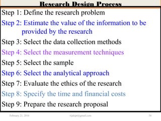 Research Design Process
Step 1: Define the research problem
Step 2: Estimate the value of the information to be
provided by the research
Step 3: Select the data collection methods
Step 4: Select the measurement techniques
Step 5: Select the sample
Step 6: Select the analytical approach
Step 7: Evaluate the ethics of the research
Step 8: Specify the time and financial costs
Step 9: Prepare the research proposal
February 21, 2016 34rijalcpr@gmail.com
 