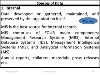 Sources of Data
1. Internal
Data developed or gathered, maintained, and
preserved by the organization itself.
MIS is the best source for internal records.
MIS comprises of FOUR major components;
Management Research Systems (MRS), Internal
Database Systems (IDS), Management Intelligence
Systems (MIS), and Analytical Information Systems
(AIS).
Annual reports, collateral materials, press releases
etc.
Primary
February 21, 2016 86rijalcpr@gmail.com
 