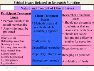 Ethical Issues Related to Research Function
Nature and Content of Ethical Issues
Participant Treatment
Issues
* Purpose shouldn't be
to sell merchandise
* Anonymity must be
protected
----------------------------
Ultraviolet ink
Hidden tape recorders
One-way mirrors
Fake long distance calls
Fake research firm
Right to safety
Right to be informed
Right to privacy
Right to choice
Client Treatment
Issues
* Methods used and
results should be
accurately reported
----------------------------
Confidentiality
Unqualified researcher
Proprietary information
Unnecessary research
Researcher Treatment
Issues
* Should not disseminate
conclusions that are
inconsistent with data
* Should not solicit
designs and deliver to
another for execution
----------------------------
Excessive requests
Reneging on promises
Availability of funds
February 21, 2016 97rijalcpr@gmail.com
 