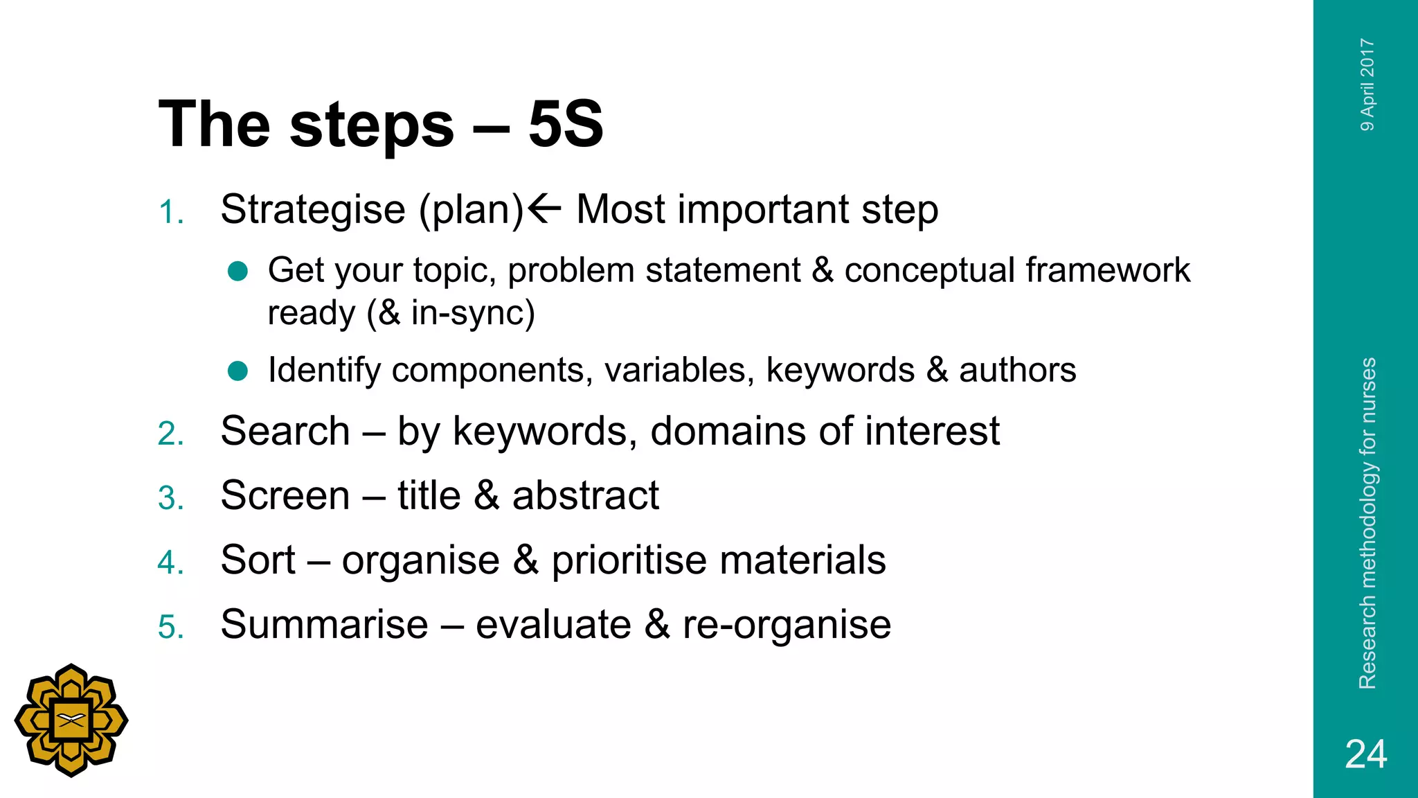 The steps – 5S
1. Strategise (plan) Most important step
 Get your topic, problem statement & conceptual framework
ready (& in-sync)
 Identify components, variables, keywords & authors
2. Search – by keywords, domains of interest
3. Screen – title & abstract
4. Sort – organise & prioritise materials
5. Summarise – evaluate & re-organise
9April2017Researchmethodologyfornurses
24
 