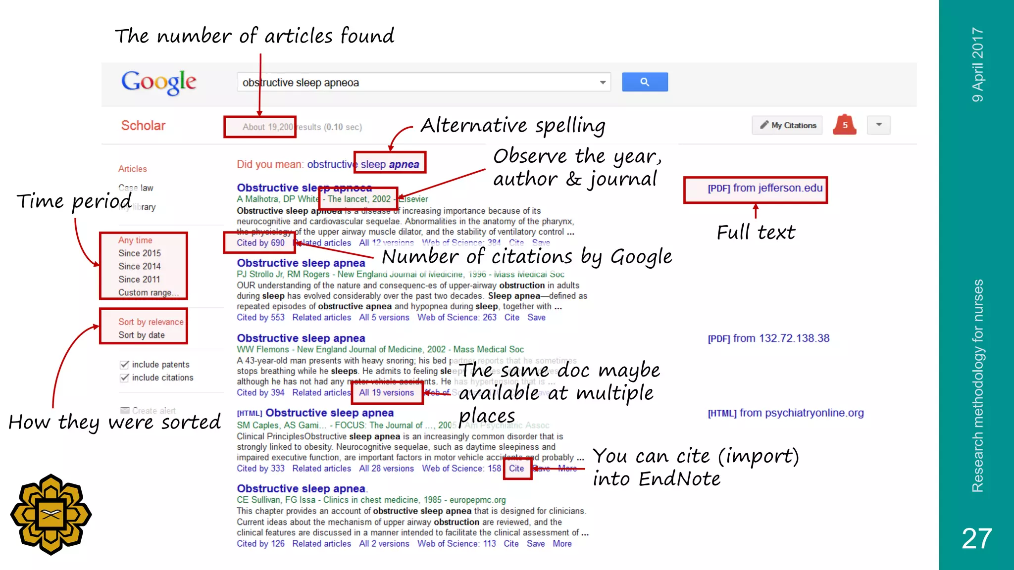 9April2017Researchmethodologyfornurses
27
The number of articles found
Alternative spelling
How they were sorted
Time period
Observe the year,
author & journal
Full text
Number of citations by Google
You can cite (import)
into EndNote
The same doc maybe
available at multiple
places
 