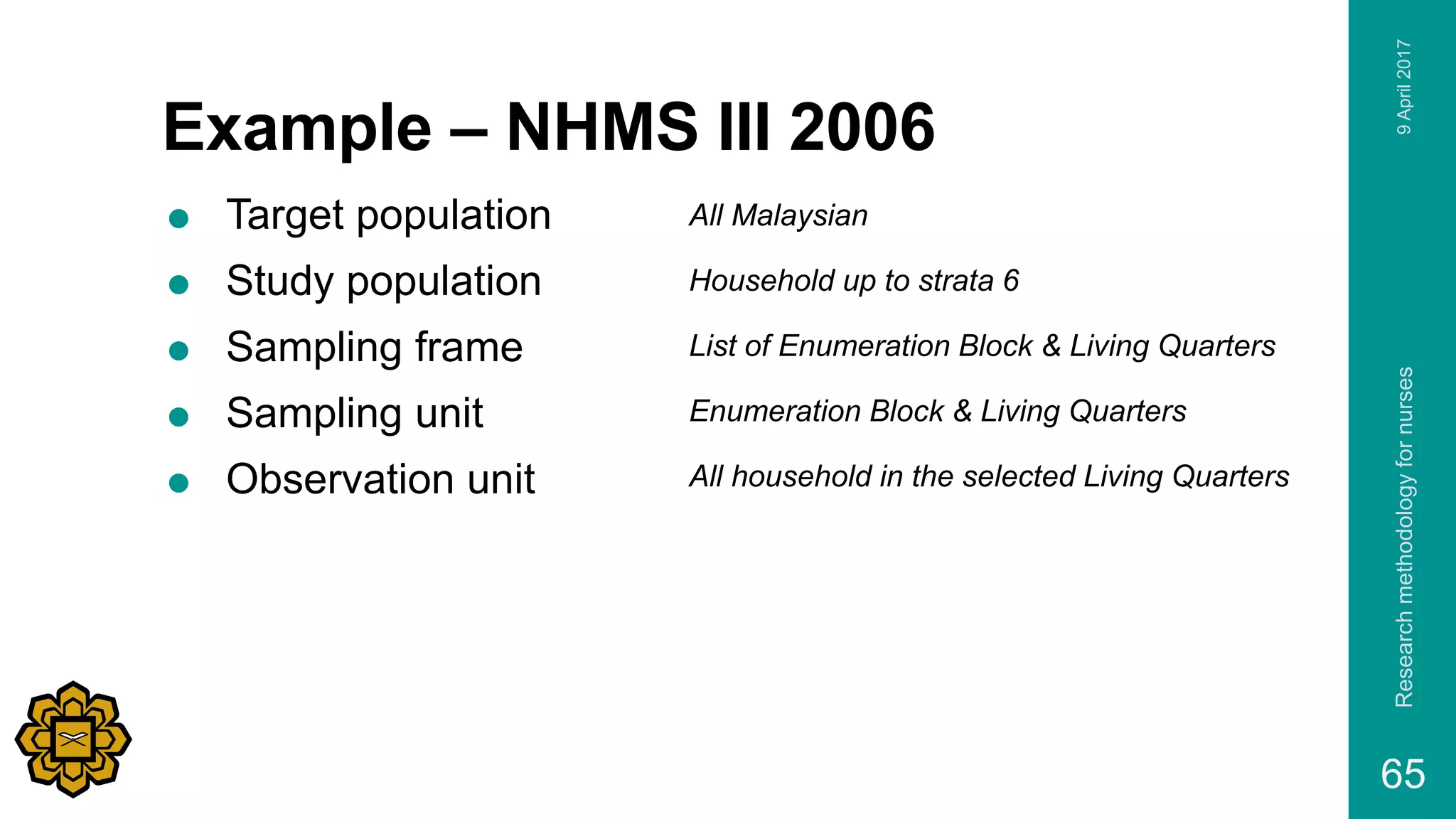 Example – NHMS III 2006
 Target population
 Study population
 Sampling frame
 Sampling unit
 Observation unit
9April2017Researchmethodologyfornurses
65
All Malaysian
Household up to strata 6
List of Enumeration Block & Living Quarters
Enumeration Block & Living Quarters
All household in the selected Living Quarters
 