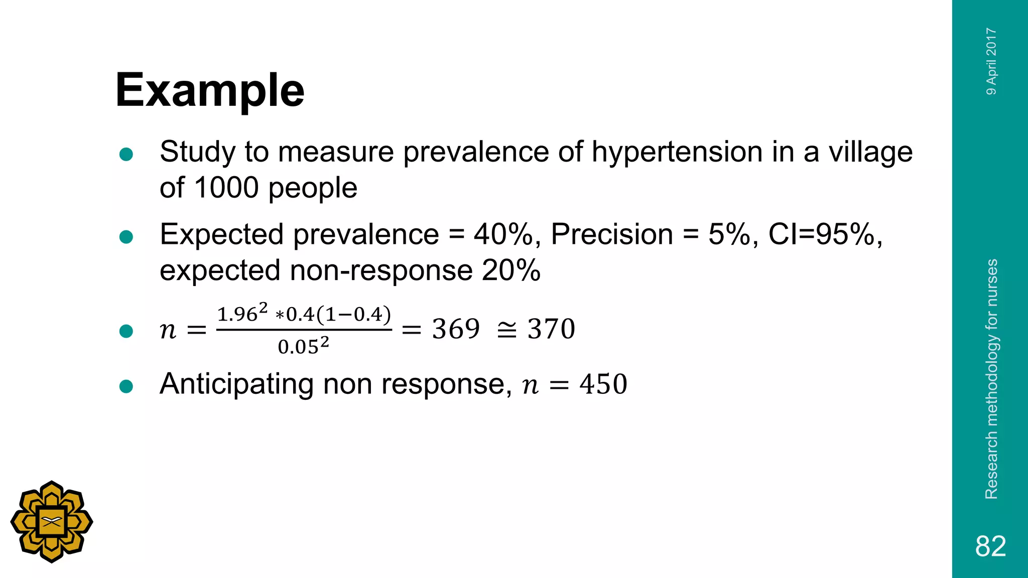 Example
 Study to measure prevalence of hypertension in a village
of 1000 people
 Expected prevalence = 40%, Precision = 5%, CI=95%,
expected non-response 20%
 𝑛 =
1.962 ∗0.4(1−0.4)
0.052 = 369 ≅ 370
 Anticipating non response, 𝑛 = 450
9April2017Researchmethodologyfornurses
82
 