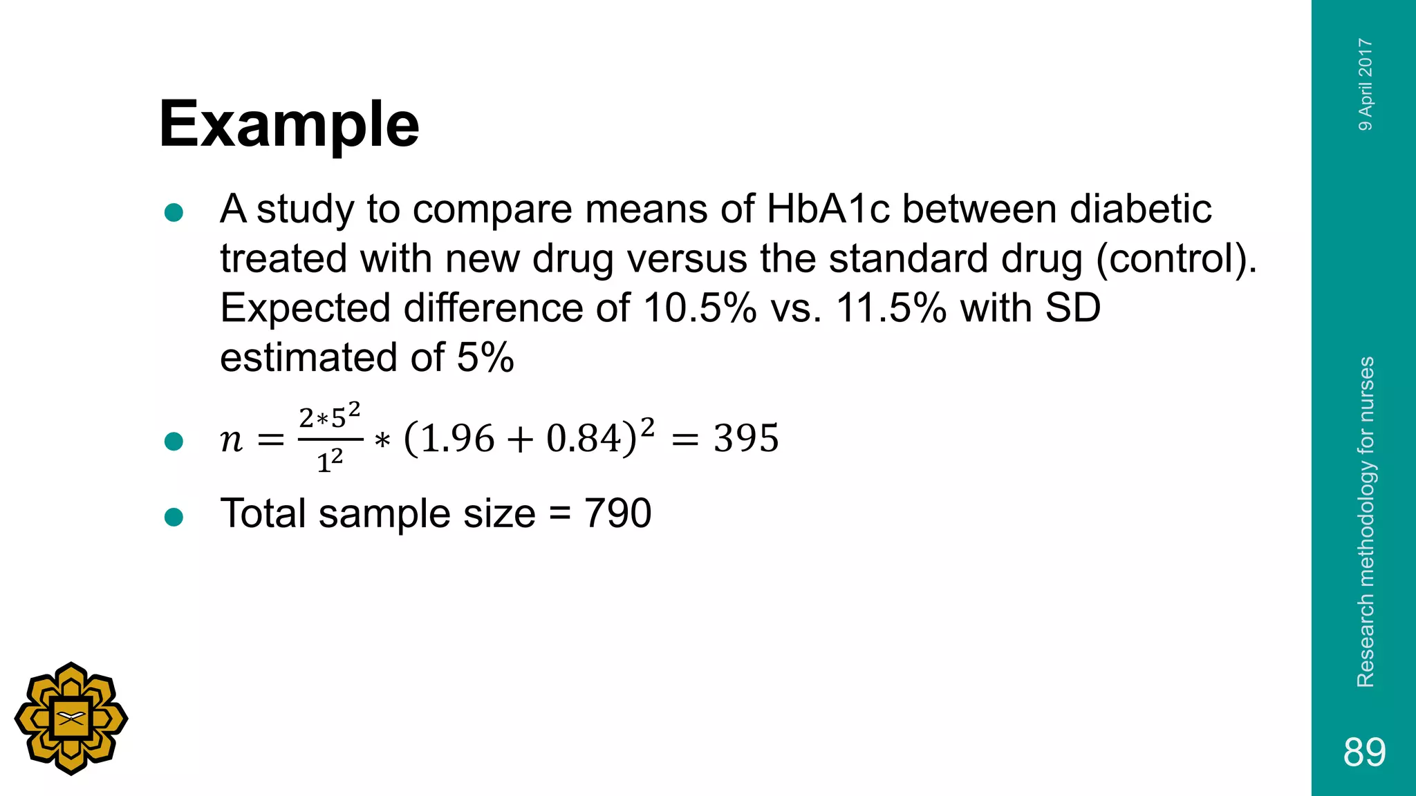Example
 A study to compare means of HbA1c between diabetic
treated with new drug versus the standard drug (control).
Expected difference of 10.5% vs. 11.5% with SD
estimated of 5%
 𝑛 =
2∗52
12 ∗ 1.96 + 0.84 2
= 395
 Total sample size = 790
9April2017Researchmethodologyfornurses
89
 