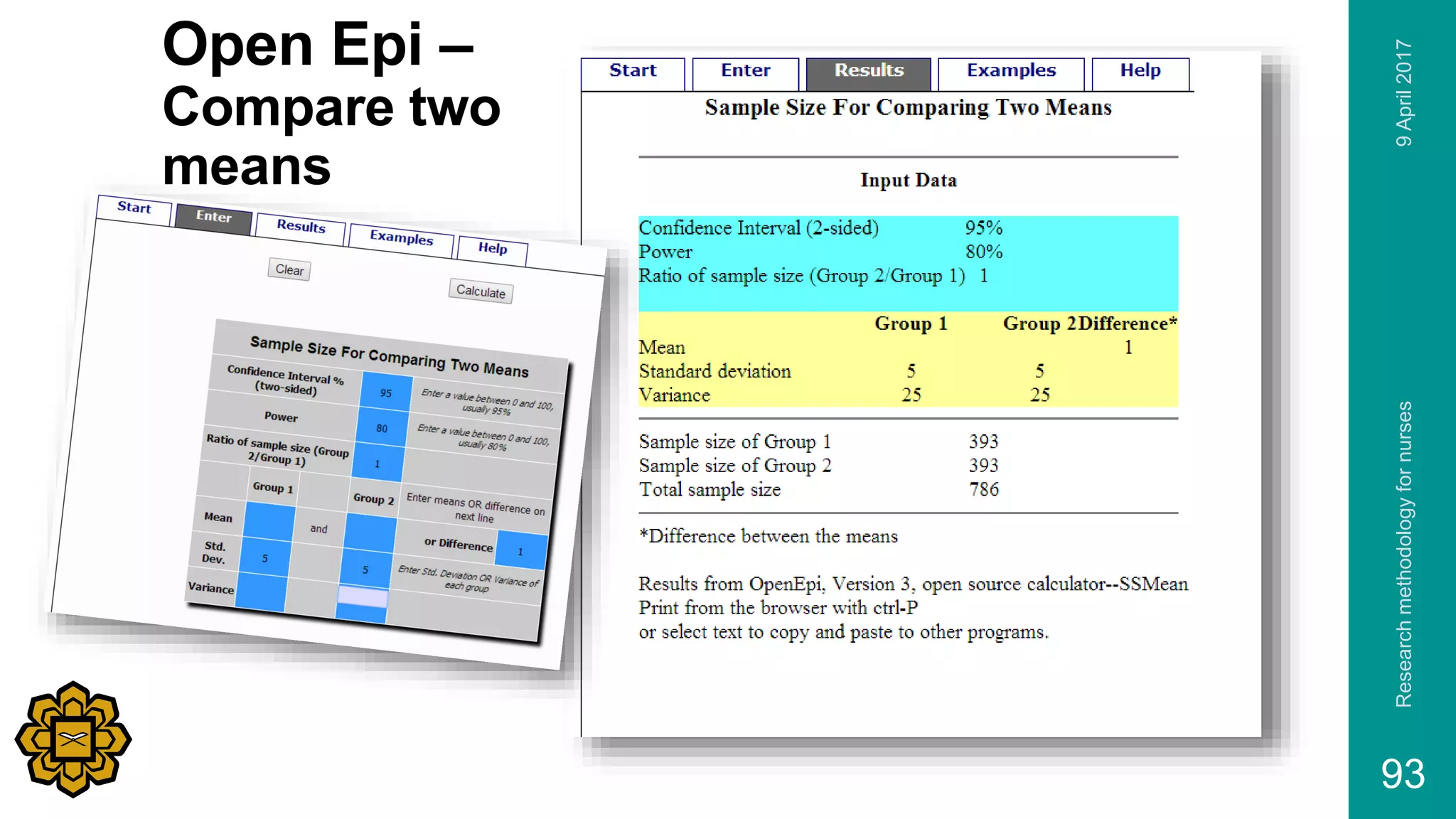 Open Epi –
Compare two
means
9April2017Researchmethodologyfornurses
93
 