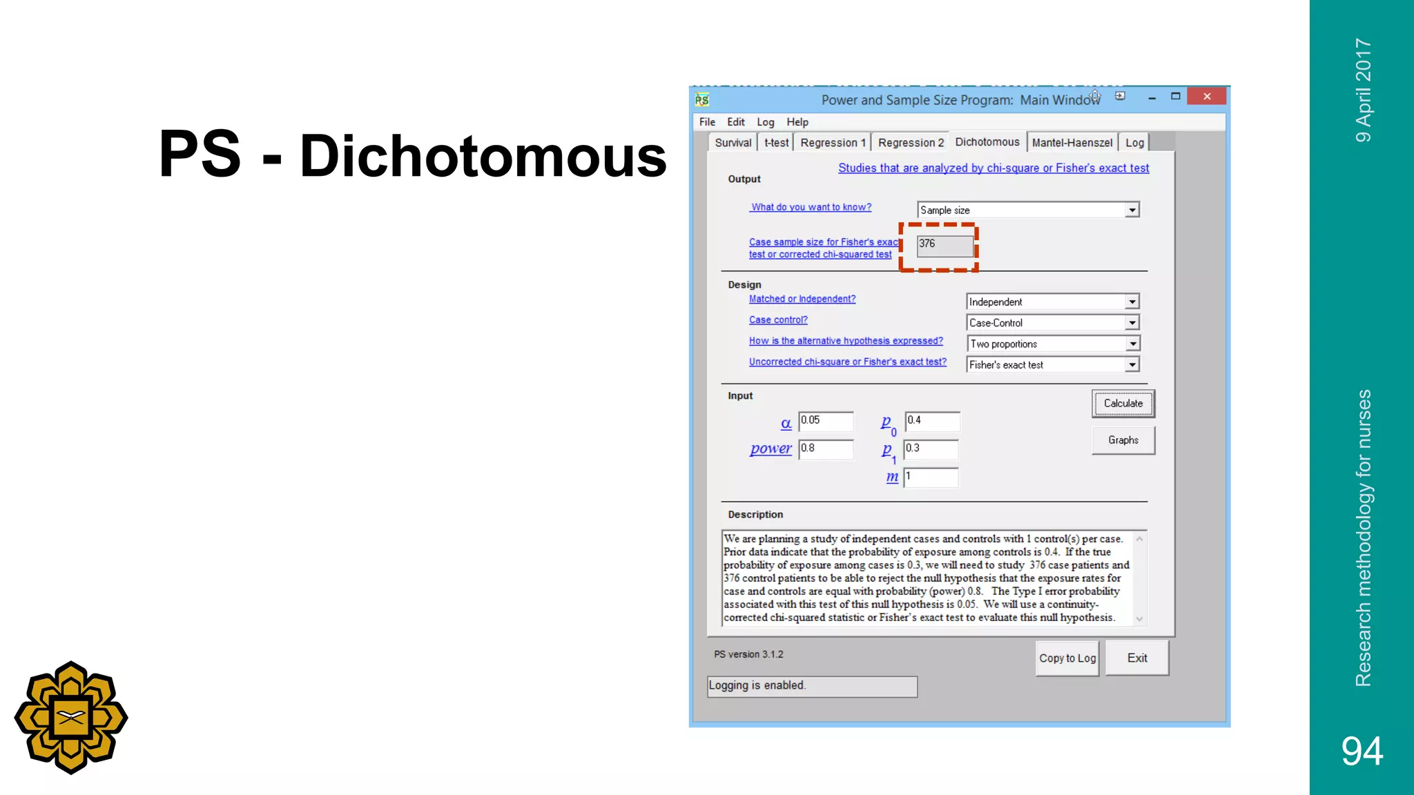 PS - Dichotomous
9April2017Researchmethodologyfornurses
94
 