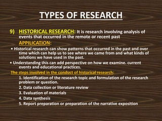 TYPES OF RESEARCH
9) HISTORICAL RESEARCH: It is research involving analysis of
events that occurred in the remote or recent past
APPILICATION:
• Historical research can show patterns that occurred in the past and over
time which can help us to see where we came from and what kinds of
solutions we have used in the past.
• Understanding this can add perspective on how we examine. current
events and educational practices.
The steps involved in the conduct of historical research:
1. Identification of the research topic and formulation of the research
problem or question.
2. Data collection or literature review
3. Evaluation of materials
4. Data synthesis
5. Report preparation or preparation of the narrative exposition
 
