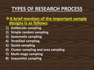 TYPES OF RESEARCH PROCESS
A brief mention of the important sample
designs is as follows:
1) Deliberate sampling
2) Simple random sampling
3) Systematic sampling
4) Stratified sampling
5) Quota sampling
6) Cluster sampling and area sampling
7) Multi-stage sampling
8) Sequential sampling
 
