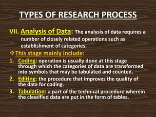 TYPES OF RESEARCH PROCESS
VII. Analysis of Data: The analysis of data requires a
number of closely related operations such as
establishment of categories.
This stage mainly include:
1. Coding: operation is usually done at this stage
through which the categories of data are transformed
into symbols that may be tabulated and counted.
2. Editing: the procedure that improves the quality of
the data for coding.
3. Tabulation: a part of the technical procedure wherein
the classified data are put in the form of tables.
 