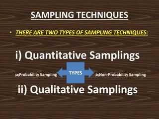 SAMPLING TECHNIQUES
• THERE ARE TWO TYPES OF SAMPLING TECHNIQUES:
i) Quantitative Samplings
(a)Probability Sampling (b)Non-Probability Sampling
ii) Qualitative Samplings
TYPES
 
