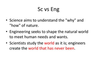 Sc vs Eng
• Science aims to understand the "why" and
"how" of nature.
• Engineering seeks to shape the natural world
to meet human needs and wants.
• Scientists study the world as it is; engineers
create the world that has never been.
 