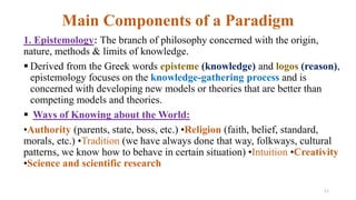 Main Components of a Paradigm
1. Epistemology: The branch of philosophy concerned with the origin,
nature, methods & limits of knowledge.
 Derived from the Greek words episteme (knowledge) and logos (reason),
epistemology focuses on the knowledge-gathering process and is
concerned with developing new models or theories that are better than
competing models and theories.
 Ways of Knowing about the World:
•Authority (parents, state, boss, etc.) •Religion (faith, belief, standard,
morals, etc.) •Tradition (we have always done that way, folkways, cultural
patterns, we know how to behave in certain situation) •Intuition •Creativity
•Science and scientific research
11
 