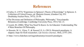 References
Curley, E. (1973).“Experience in Spinoza’s Theory of Knowledge” in Spinoza: A
Collection of Critical Essays, ed. Marjorie Greene, (Garden City, NY:
Doubleday/Anchor Press, 1973), 25-59.
The Divisions and Definition of Philosophy. Philosophy,” Encyclopedia
Britannica (Cambridge: Cambridge University Press, 1911) Vol. 21.
 Lynch, M. (2006). What You Need To Know As An Educator: Understanding The
4 Main Branches Of Philosophy.
 Hussain, M. A., Elyas, T., & Nasseef, O. A. (2013). Research paradigms: A
slippery slope for fresh researchers. Life Science Journal, 10(4), 2374–2381.
 https://www.slideshare.net/nagendraamatya/research-paradigms
18
 