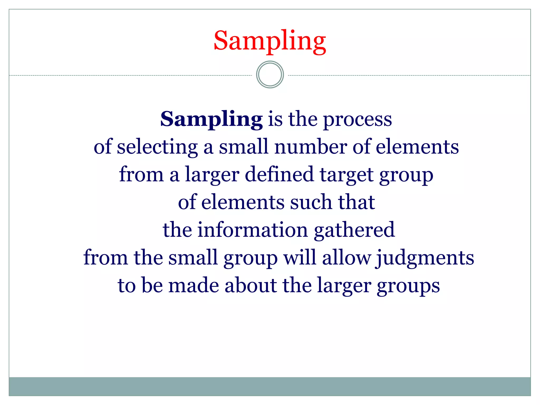 Sampling
Sampling is the process
of selecting a small number of elements
from a larger defined target group
of elements such that
the information gathered
from the small group will allow judgments
to be made about the larger groups
 