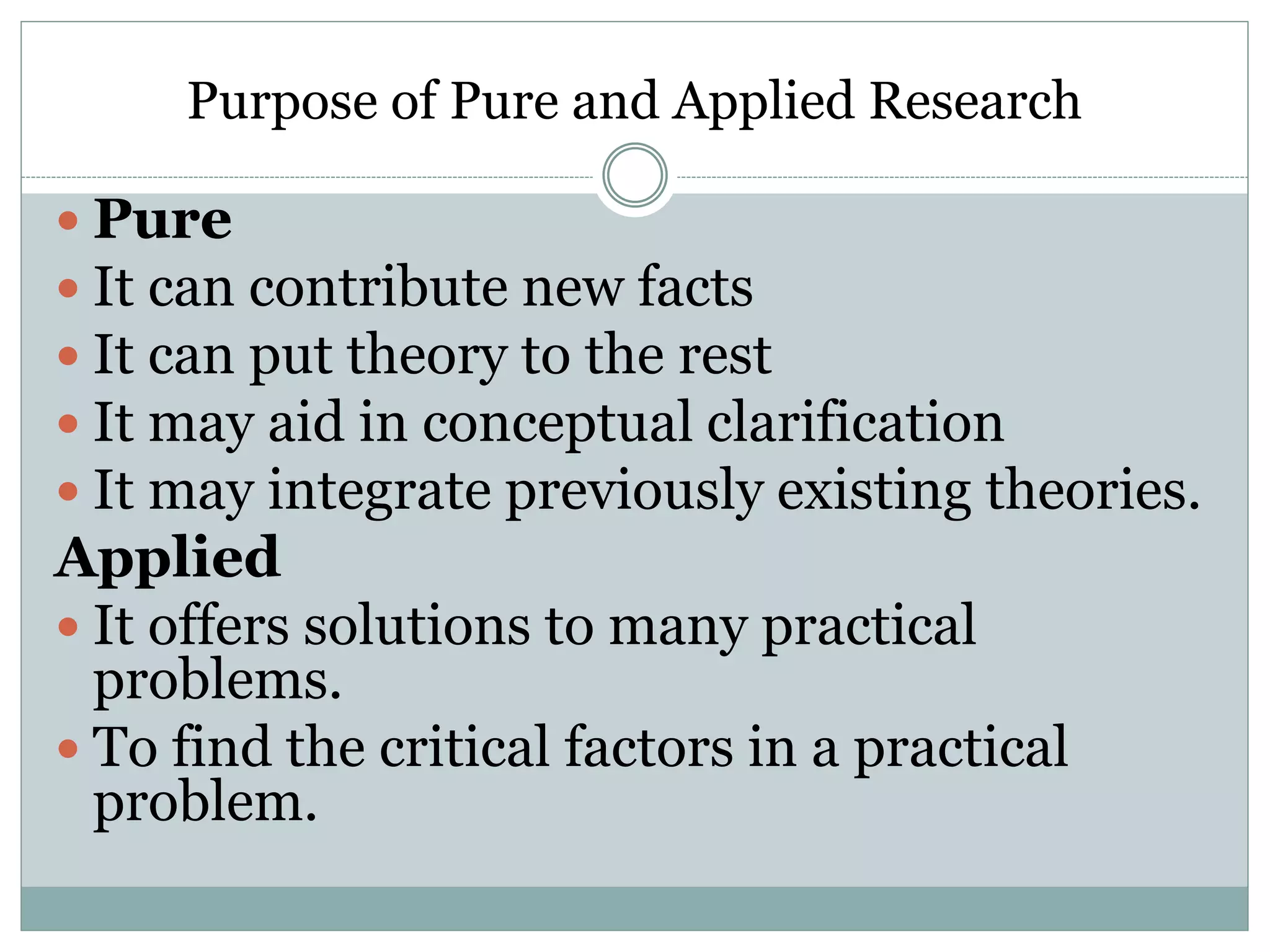 Purpose of Pure and Applied Research
 Pure
 It can contribute new facts
 It can put theory to the rest
 It may aid in conceptual clarification
 It may integrate previously existing theories.
Applied
 It offers solutions to many practical
problems.
 To find the critical factors in a practical
problem.
 