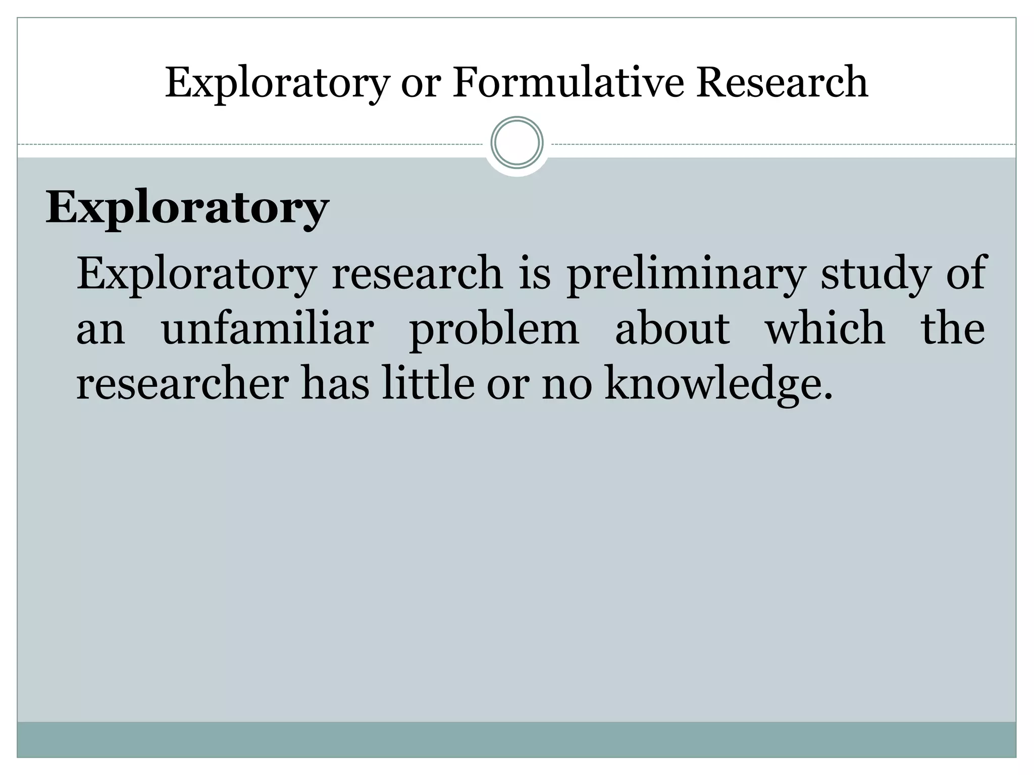 Exploratory or Formulative Research
Exploratory
Exploratory research is preliminary study of
an unfamiliar problem about which the
researcher has little or no knowledge.
 