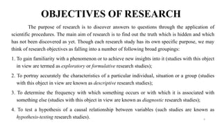 OBJECTIVES OF RESEARCH
The purpose of research is to discover answers to questions through the application of
scientific procedures. The main aim of research is to find out the truth which is hidden and which
has not been discovered as yet. Though each research study has its own specific purpose, we may
think of research objectives as falling into a number of following broad groupings:
1. To gain familiarity with a phenomenon or to achieve new insights into it (studies with this object
in view are termed as exploratory or formulative research studies);
2. To portray accurately the characteristics of a particular individual, situation or a group (studies
with this object in view are known as descriptive research studies);
3. To determine the frequency with which something occurs or with which it is associated with
something else (studies with this object in view are known as diagnostic research studies);
4. To test a hypothesis of a causal relationship between variables (such studies are known as
hypothesis-testing research studies). 4
 