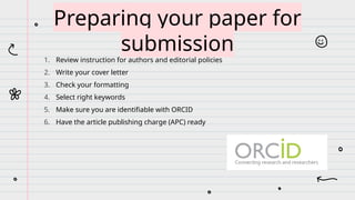 1. Review instruction for authors and editorial policies
2. Write your cover letter
3. Check your formatting
4. Select right keywords
5. Make sure you are identifiable with ORCID
6. Have the article publishing charge (APC) ready
Preparing your paper for
submission
 
