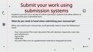 Academic journals use a variety of online submission systems that allow editors to
quickly access your submitted work.
What do you need to hand when submitting your manuscript?
When you submit your manuscript, you’ll generally need to have the following to
hand:
• Your manuscript (The main document file with abstract, keywords, main text,
and references.)
• Figure files
• Table files
• Any extra files such as supplemental material or biographical notes
Submit your work using
submission systems
 