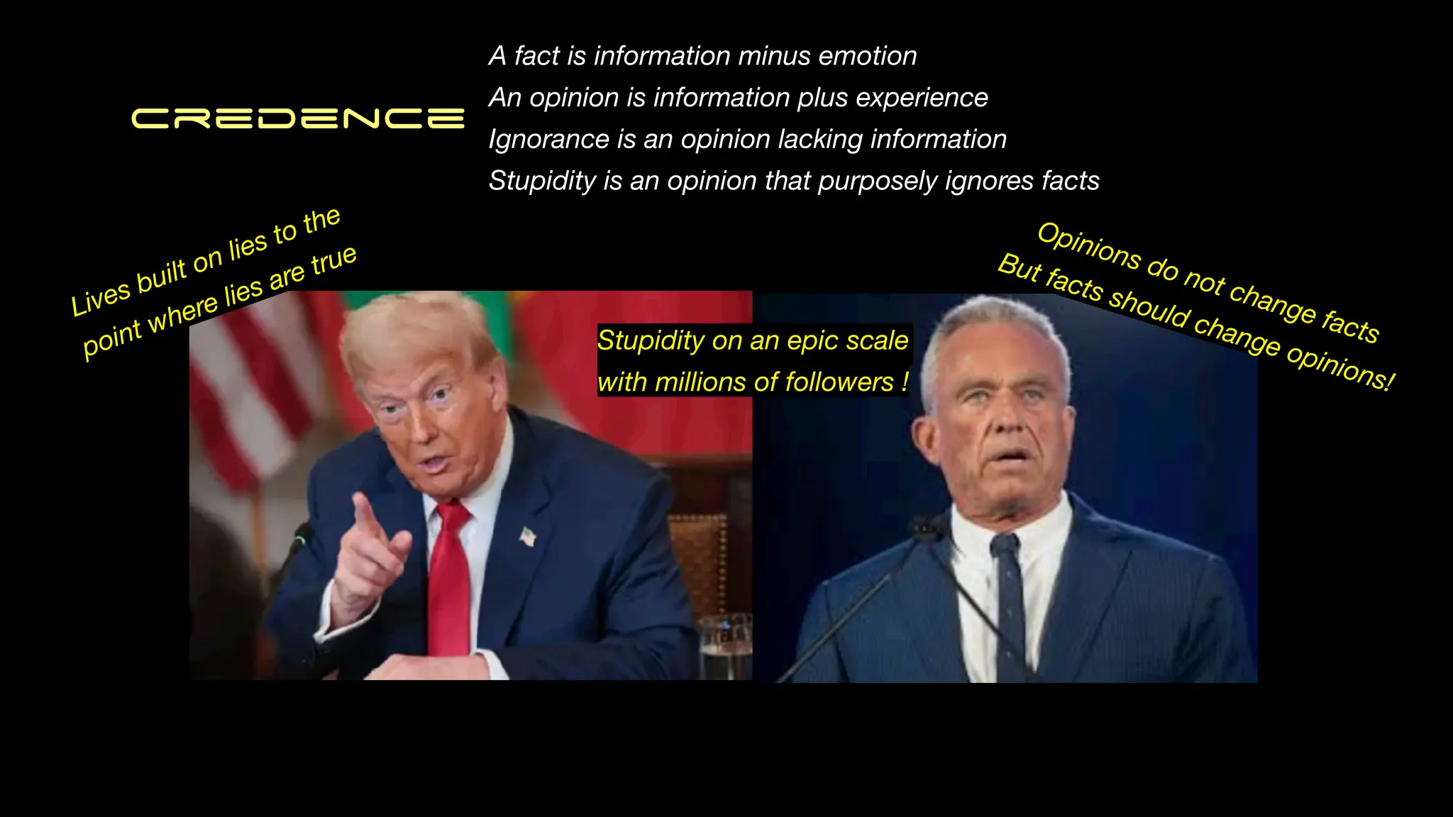 Credence
A fact is information minus emotion
An opinion is information plus experience
Ignorance is an opinion lacking information
Stupidity is an opinion that purposely ignores facts
Opinions do not change facts
But facts should change opinions!
Lives built on lies to the
point where lies are true
Stupidity on an epic scale
with millions of followers !
 