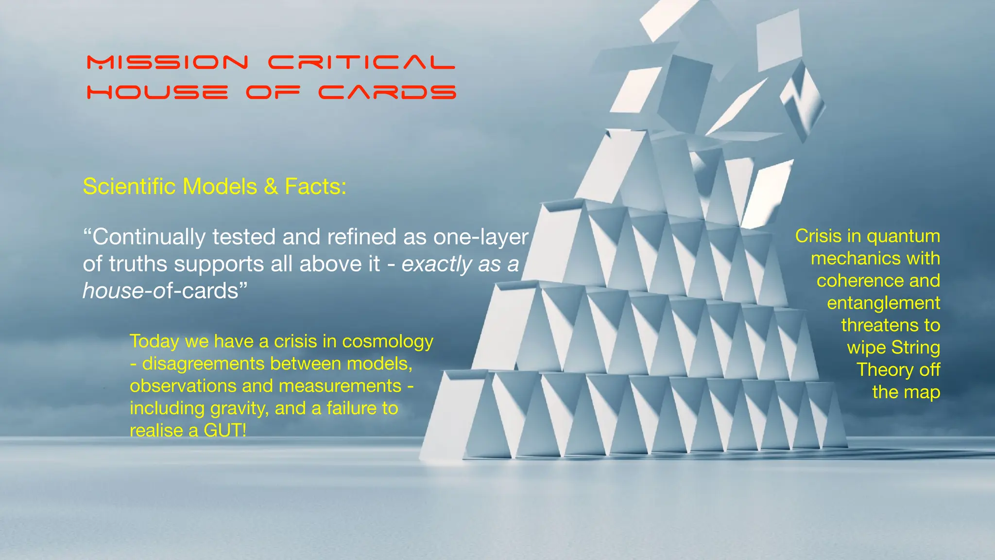 Mission Critical
House of cards
Scienti
fi
c Models & Facts:
“Continually tested and re
fi
ned as one-layer
of truths supports all above it - exactly as a
house-of-cards”
Crisis in quantum
mechanics with
coherence and
entanglement
threatens to
wipe String
Theory o
ff
the map
Today we have a crisis in cosmology
- disagreements between models,
observations and measurements -
including gravity, and a failure to
realise a GUT!
 