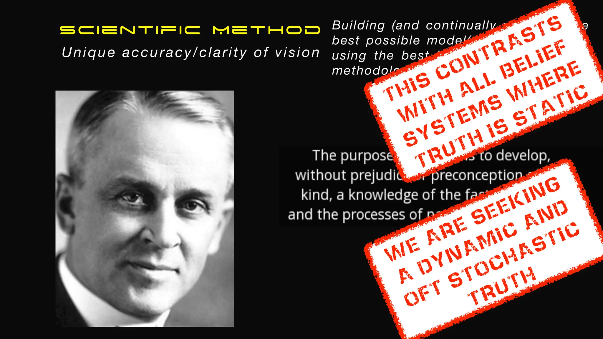 Building (and continually verifying) the
best possible model(s) of our universe
using the best leading edge tech and
methodologies at any given time
WE ARE SEEKING
A DYNAMIC AND
OFT STOCHASTIC
TRuTH
THIS CONTRASts
with all belief
systems where
truth is static
Scientific Method
Unique accuracy/clarity of vision
 